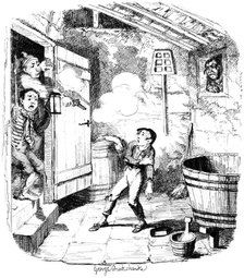 A man shoots a young boy who he suspects of stealing, 19th century.Artist: George Cruikshank