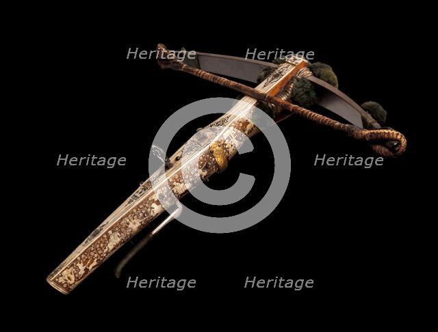 Crossbow (Halbe Rüstung) with Winder (Cranequin), crossbow, German, probably Dresden... Creator: Johann Gottfried Hanisch.