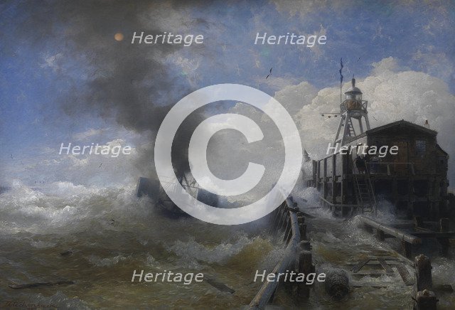 Towboat leaving the port of Ostend at heyday, before 1882. Artist: Achenbach, Andreas (1815-1910)