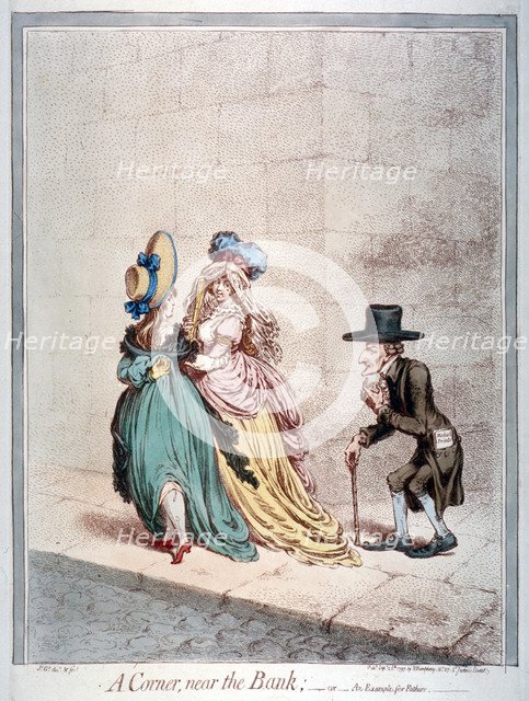 'A corner, near the Bank; - or - an example for fathers', 1797.                           Artist: James Gillray