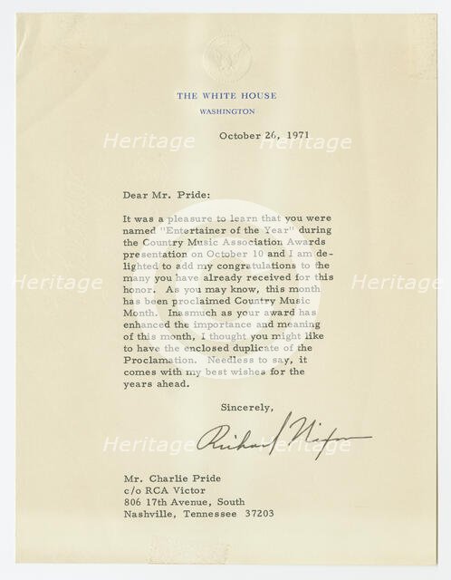 Letter to Charley Pride from Richard Nixon, October 26, 1971. Creator: Richard Nixon.