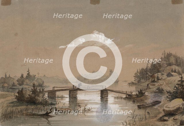 Lake Landscape, Man Angling on a Bridge, 1848-1860. Creator: Werner Holmberg.