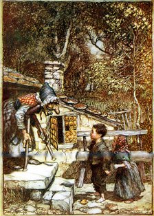 Hansel and Gretel and the Witch on the doorstep of her cottage. Artist: Arthur Rackham
