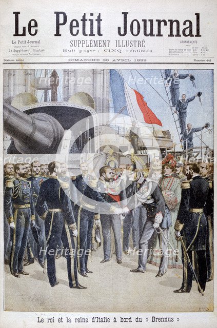 The king the queen of Italy on board the French battleship 'Brennus', 1899. Artist: Henri Meyer