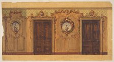 Design for a room with double doors decorated with garlands of fruit and flowers, scrolls..., 1830-9 Creators: Jules-Edmond-Charles Lachaise, Eugène-Pierre Gourdet.