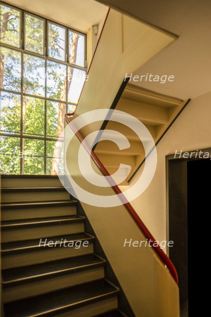Staircase, Masters' House. Restored paintwork, Bauhaus building, Dessau, Germany, 2018.  Artist: Alan John Ainsworth.