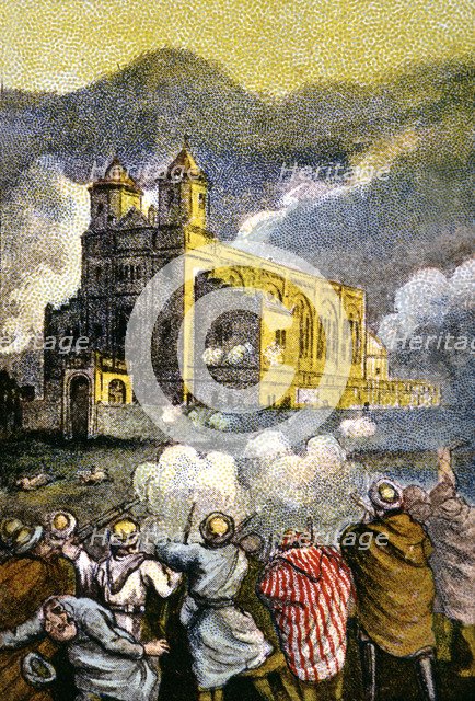 War of Morocco, 1921, heroic defense of the town of Nador from the church, drawing from the time.