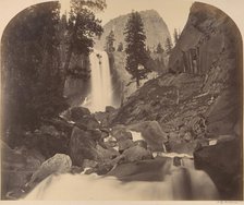 Mt. Broderick in Distant Centre, Piroyac, Falling Chrystals, Vernal Fall, 1861. Creator: Carleton Emmons Watkins.