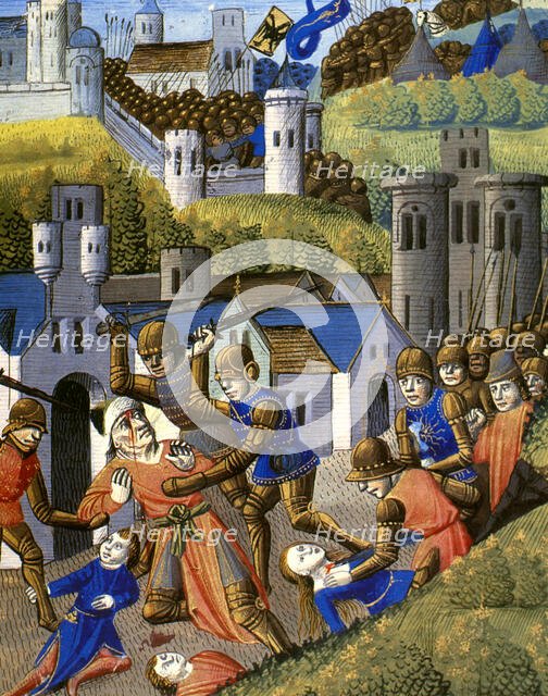 Soldiers killing women, men and children, while the army enters.., Miniature..., 15th cent. Creator: Unknown.