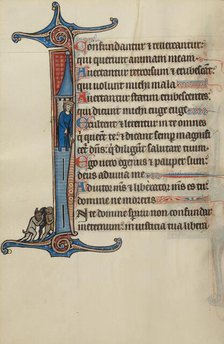 Initial I: David atop a Tower Pointing to Three Demons Below; Bute Psalter, about 1285. Creator: Bute Master.