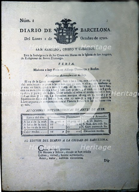 Cover of the 'Diario de Barcelona', doyen of the Spanish press, No. 1 of 1st. October 1792, facsi…