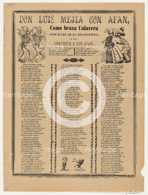 Broadsheet relating to Don Luis Mejia con Afan, a corrido (ballad) in the bottom section,..., 1907. Creator: José Guadalupe Posada.