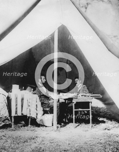 President Lincoln in General McClellan's tent after the Battle of Antietam, 1862. Artist: Unknown