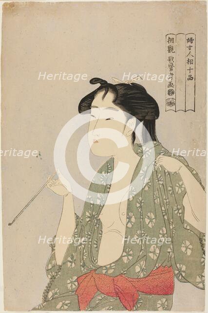 Woman Exhaling Smoke from a Pipe, from the series "Ten Classes of Women’s..., Japan, c. 1792/93. Creator: Kitagawa Utamaro.