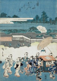 The Daimyo's Ladies Procession at Eastern Capitol: Hachimangu Shrine and Chaki-Inari Shrine, 1845. Creator: Ando Hiroshige.