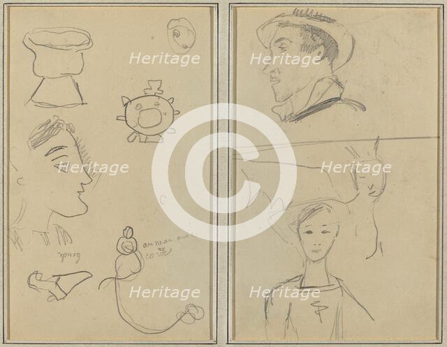 A Caricature and Five Forms; A Man in Profile, a Winged Creature and a Boy [verso], 1884-1888. Creator: Paul Gauguin.