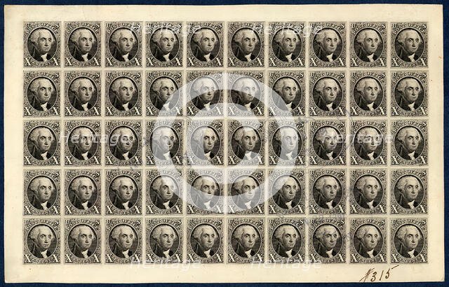 10c Washington reproduction plate proof on card sheet of fifty, 1891. Creator: Bureau of Engraving and Printing.