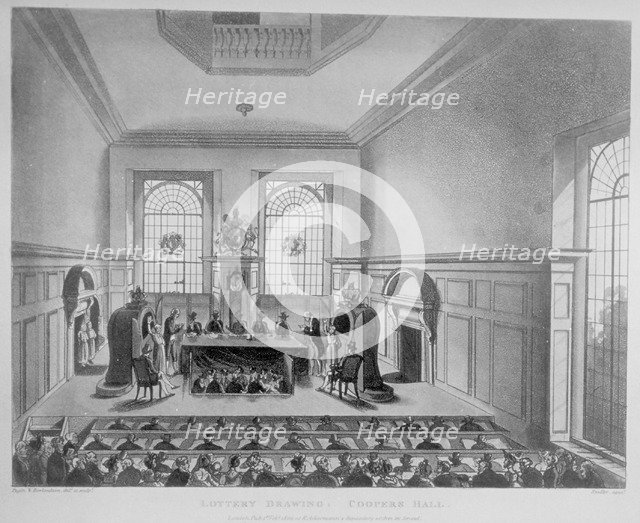 Drawing of the state lottery taking place in Coopers' Hall, City of London, 1809. Artist: Anon