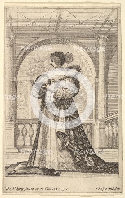 A woman standing, facing the left in profile, wearing a hat and a lace collar, reading..., ca. 1629. Creator: Abraham Bosse.