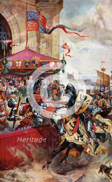 'A Joust on London Bridge', 1390, (c1920). Artist: Unknown