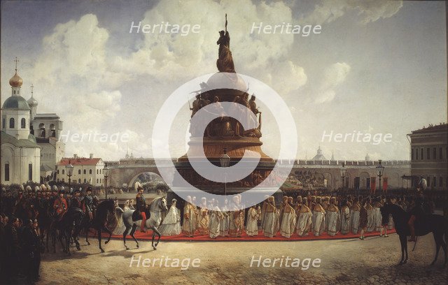 The Consecration of the Monument  to the Millennium of Russia in Novgorod on 1862, 1864. Artist: Willewalde, Gottfried (Bogdan Pavlovich) (1818-1903)
