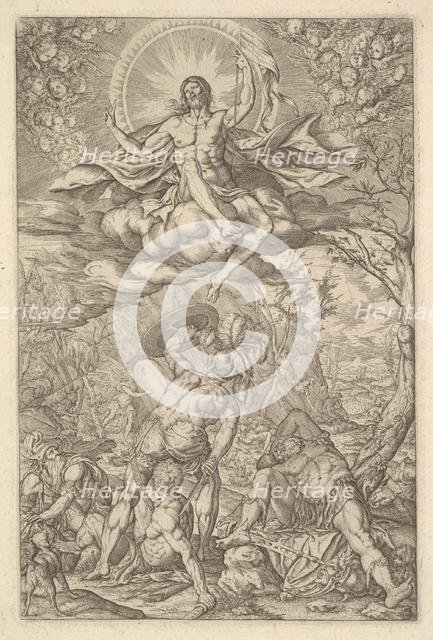 Resurrection of Christ, encompassed by an aureole and clouds with lines of winged putti to..., 1577. Creator: Melchior Meier.