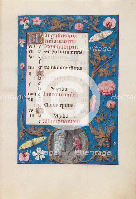 Hours of Queen Isabella the Catholic, Queen of Spain: Fol. 9r, August - Threshing Wheat, c. 1500. Creator: Master of the First Prayerbook of Maximillian (Flemish, c. 1444-1519); Associates, and.