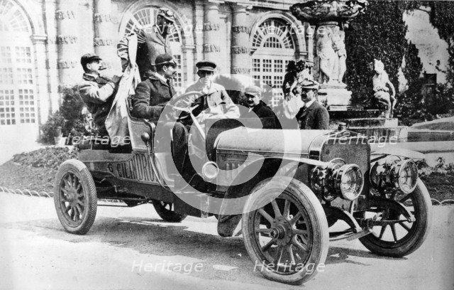 King Alfonso XIII in a Hispano-Suiza car, palace of La Granja, Segovia, Spain, c1907. Artist: Unknown