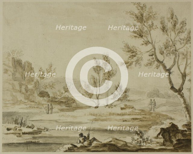 Fisherman and Figures in River Landscape, 1730-1771. Creator: Unknown.