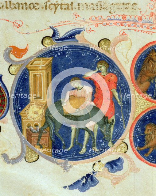 Men drinking from a fountain, Miniature from the 'Bible of Charles V of Valois', illuminated manu…