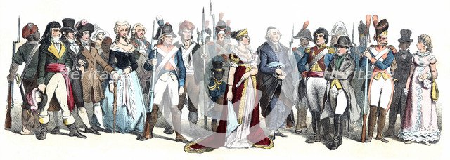 Personages from the time of the French Revolution, 18th century. German Engraving 1860.