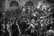 The Irish Land League: Mr. Boyton burning the Duke of Leinster's leases on a "'98 pike"..., 1881. Creator: Unknown.