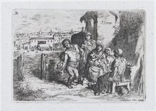 Plate 16: a group of people outdoors, including a man pouring wine or water from a vessel ..., 1850. Creator: Francisco Lameyer Berenguer.