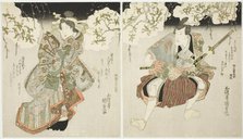 The actors Onoe Kikugoro III (R) as Nagoya Sanza and Iwai Kumesaburo II (L) as the courtes..., 1827. Creator: Utagawa Kunisada.