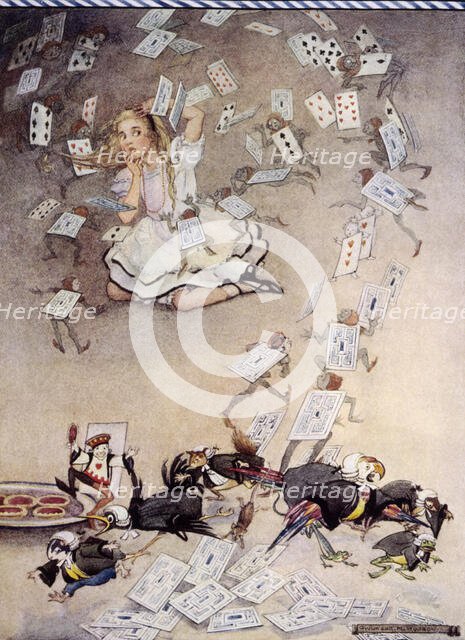Pack of cards falling on Alice, Alice's Adventures in Wonderland, 1922. Creator: Gwynedd M Hudson.