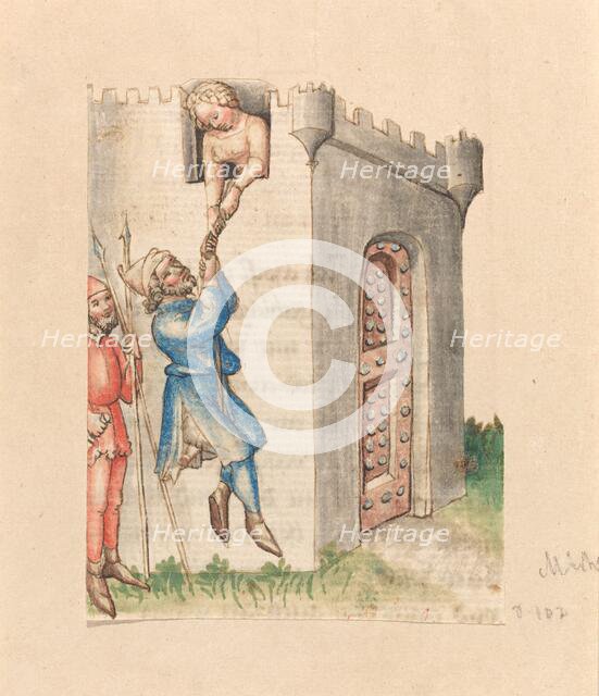 Woman Suspending Man from Tower, c. 1420/1430. Creator: Unknown.