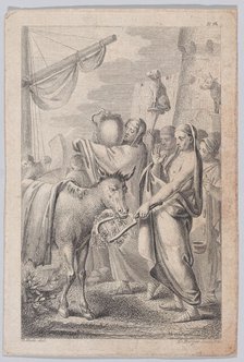 Figures at right near a ship, some holding up animals over their heads, a horse at left, 1783. Creators: Daniel Berger, Christian Bernhard Rode.