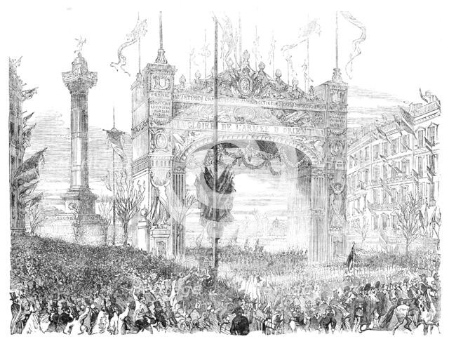 Arrival of the French Crimean Troops at the Place de la Bastille, Paris, 1856.  Creator: Unknown.