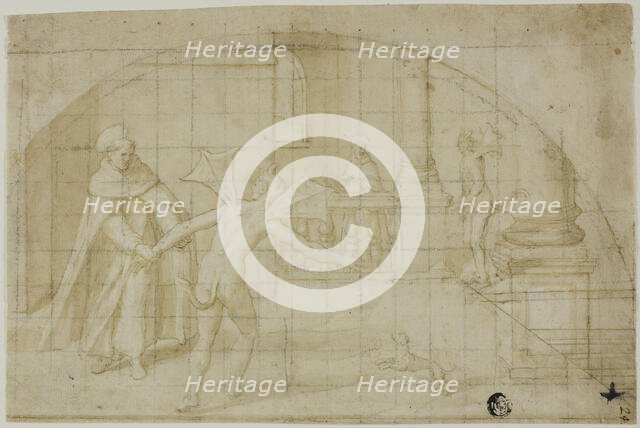 Design for a Lunette: Devils and Saint in a Monastery, 1604/12. Creator: Bernardino Poccetti.