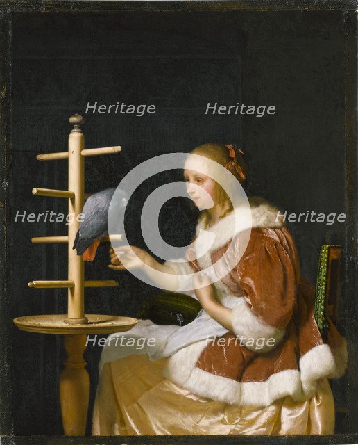 Young Woman Feeding a Parrot, 1663. Creator: Mieris, Frans van, the Elder (1635-1681).