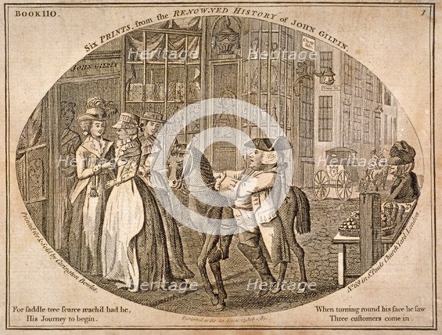 One of six prints from the renowned history of John Gilpin, 1785.  Artist: Anon