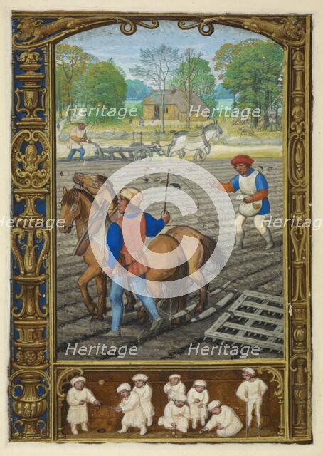 Calendar scene for September: Ploughing, sowing and harrowing, 1520-1530.  Creator: Workshop of Simon Bening.