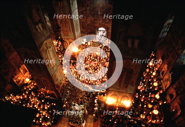 The Feast of the Dormition of the Mother of God in the Trinity Sergius Cloister in Sergiyev Posad. Artist: Anonymous  