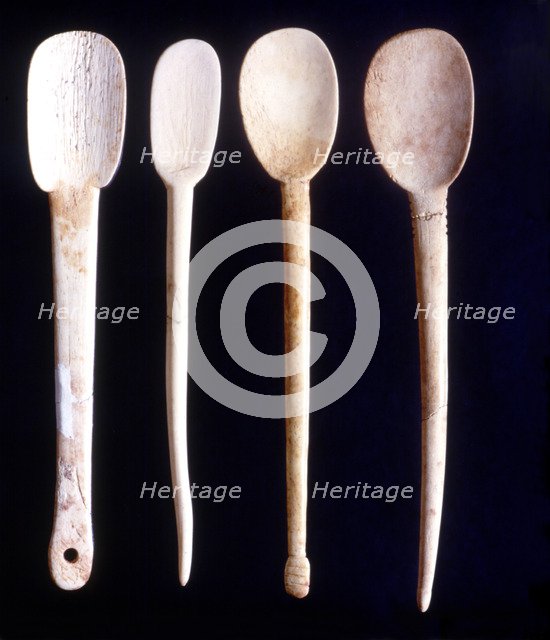 Bone spoons made by abrasion technique, from the Cova de l'Or (Beniarrés, Alicante). The longest …
