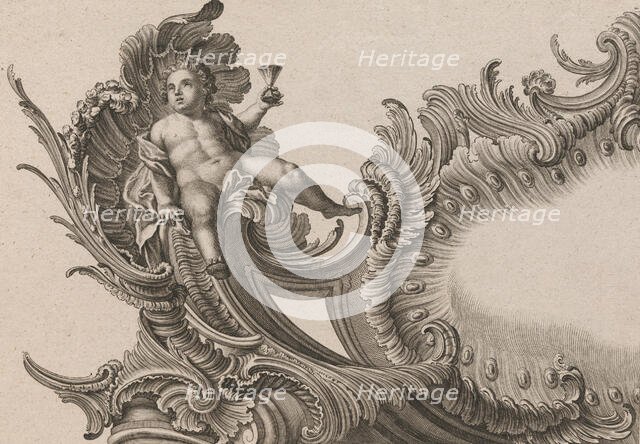 Design for a Rocaille Cartouche with the Figure of Putto holding up a Cup, ..., Printed ca. 1750-56. Creator: Jacob Gottlieb Thelot.