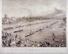 The fleet of the City steamboats passing in review order off Chelsea, London, c1860. Artist: Edwin Jewitt