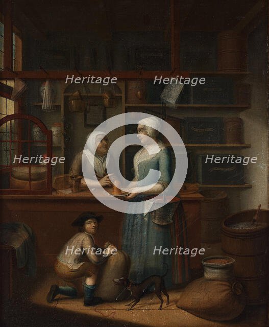 Interior with three figures and a dog. Creator: Cattel, Pieter (1712-1759).