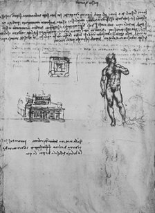 'Two Studies of a Nude Figure and the View and Plan of a Building', c1480 (1945). Artist: Leonardo da Vinci.