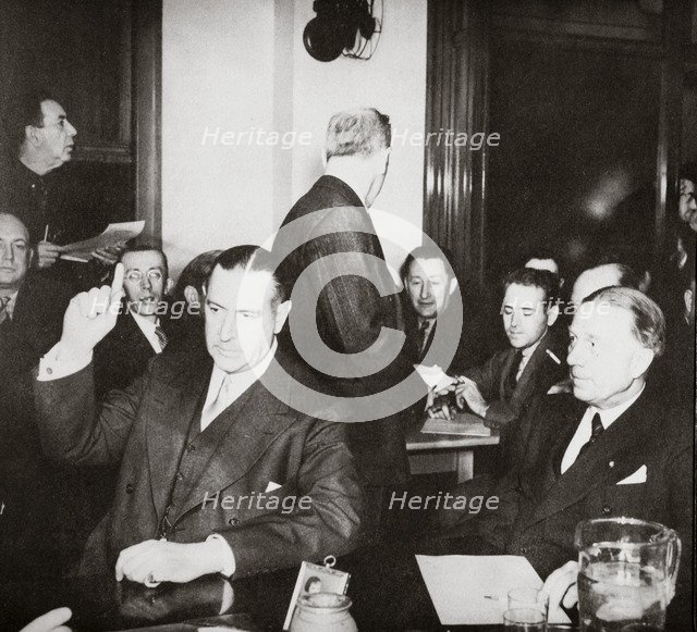 Richard Whitney being sworn in at a public hearing regarding his misappropriation of funds, c1938. Artist: Unknown