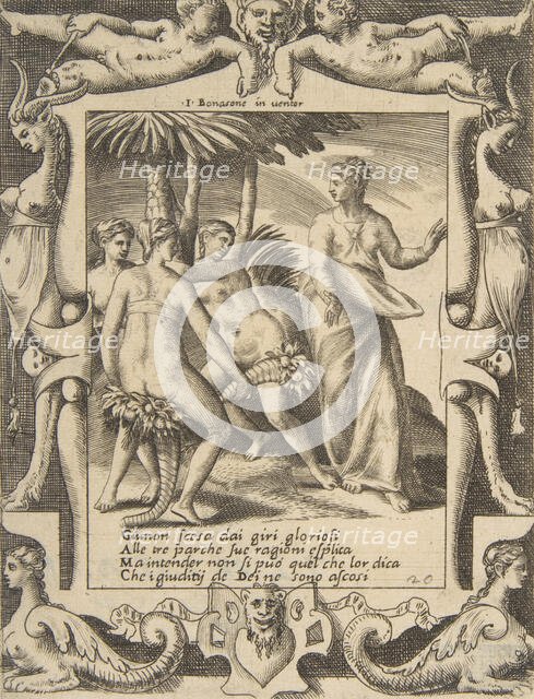 Juno at the right turning and speaking to the Fates, set within an elaborate frame, fro..., 1531-76. Creator: Giulio Bonasone.